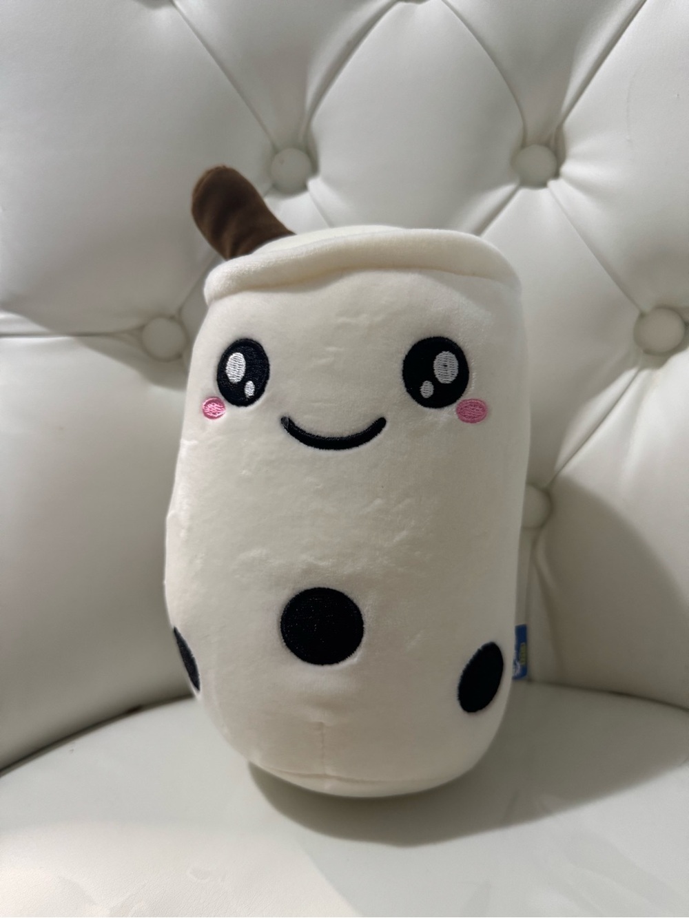 Cream Plush Boba with Black Pearls and Pink Cheeks